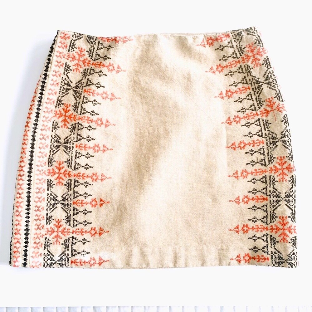 LOFT Cotton/Linen Geometric Boho Southwest Embroidered Straight Skirt S…